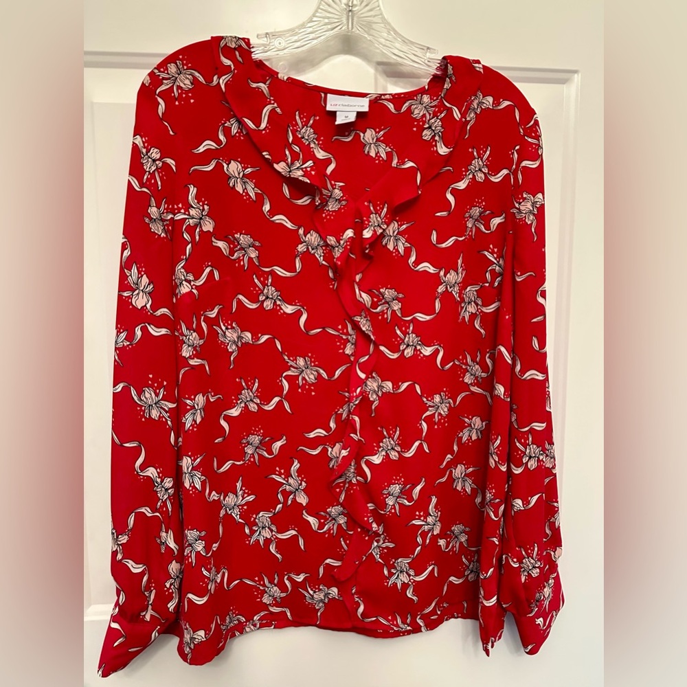 Liz Claiborne Red Floral Ruffle Blouse Long Sleeve Work Top Size M